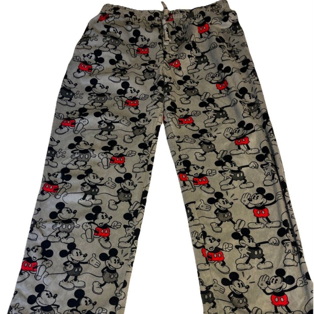 Disney Mickey Mouse Adult Size Medium  Grey Fleece Pajama Pants with Drawstring